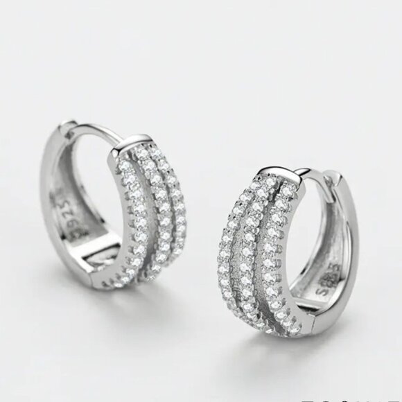 Zircon Triple Loop Silver Huggie Earrings. 925 Sterling Silver. #1116 - Picture 1 of 4